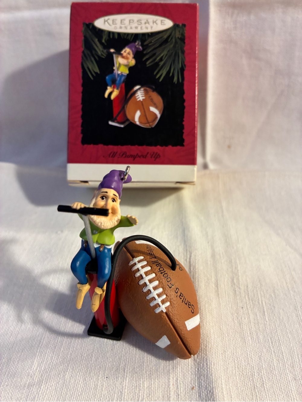 Hallmark keepsake 'All Pumped Up' Football Elf Ornament Vintage 1994